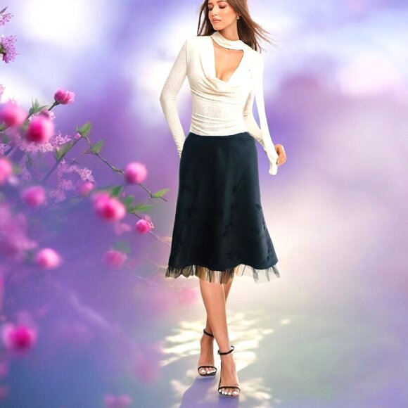 JOSEPHINE CHAUS Black Skirt Rosebuds Embroidered Leaves Black Tulle Ruffle Sz 18 - Picture 1 of 5